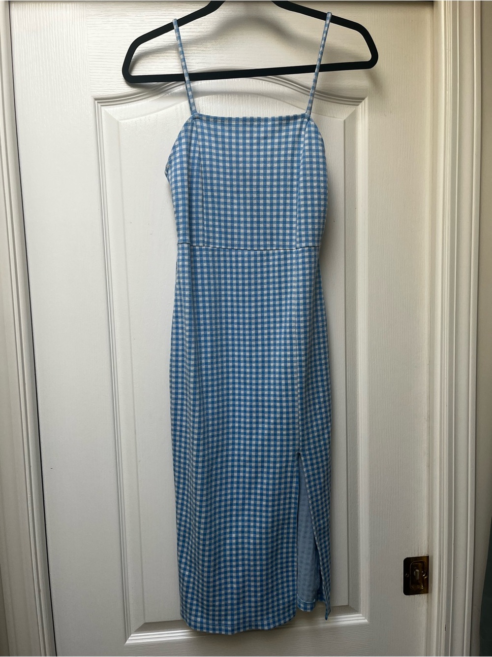 Zara Light Blue Gingham Midi Dress with Side Slit